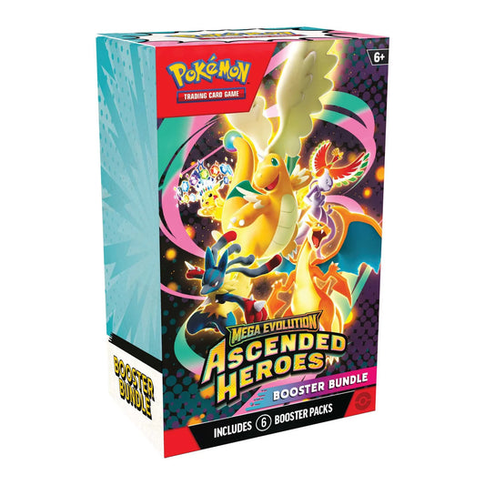 Pokémon Mega Evolution Ascended Heroes booster bundle packaging on a white background